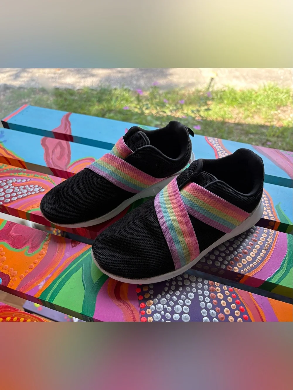 The Children's Place Black Slip-On Sneakers with Rainbow Straps